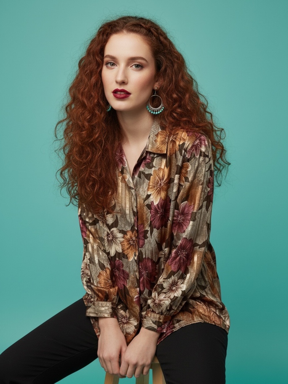 Vintage Alia Floral Satin Button Down Blouse 24W Shimmer